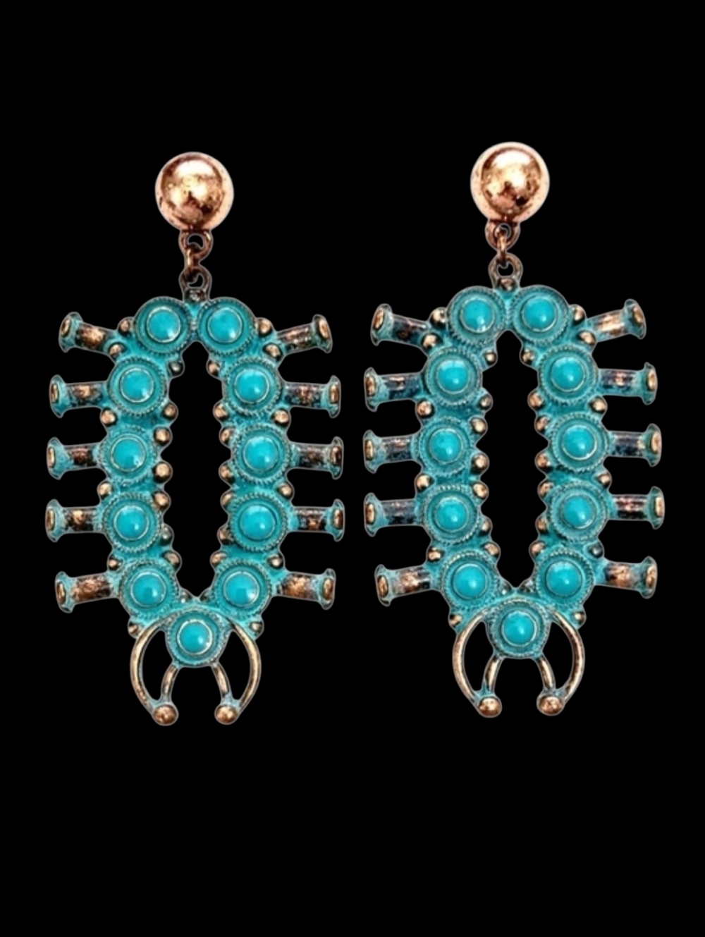 Navajo Style Turquoise And Copper Squash Blossom Earrings New